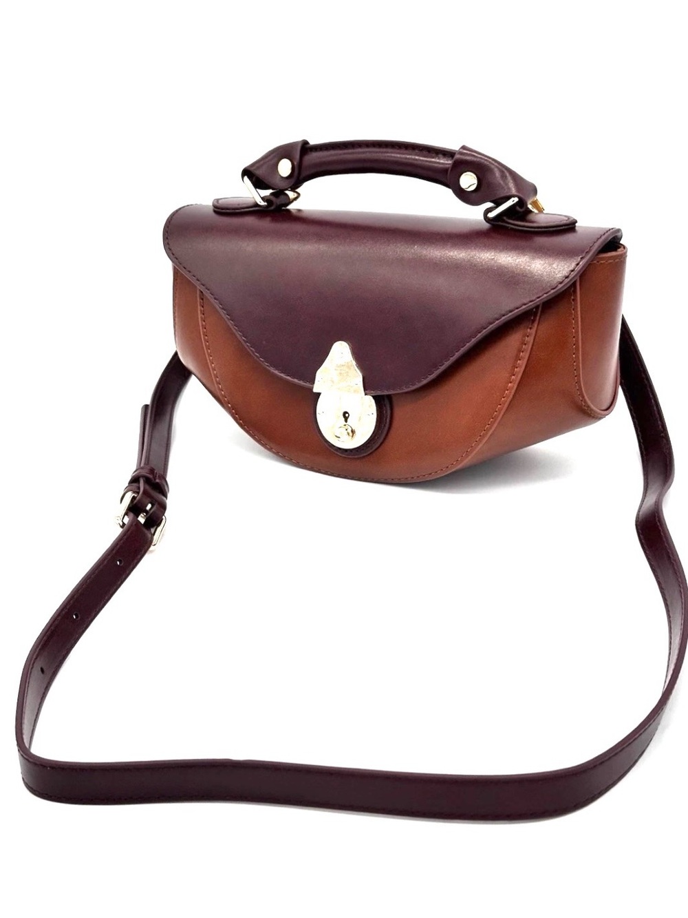 Retro Style Structured Crescent Two-Tone Brown Leather Top-Handle Crossbody Bag